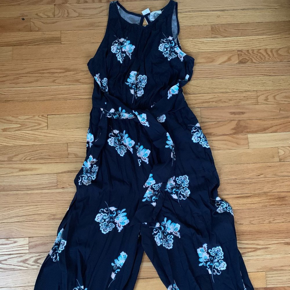 LOFT Floral Tie Waist Jumpsuit | Industrial Blue